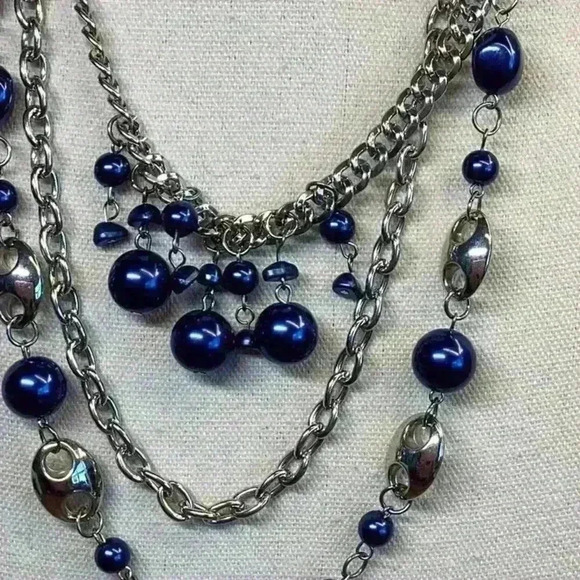 Silver and Blue Multi Strand Necklace with Ribbon Tie - Picture 2 of 3